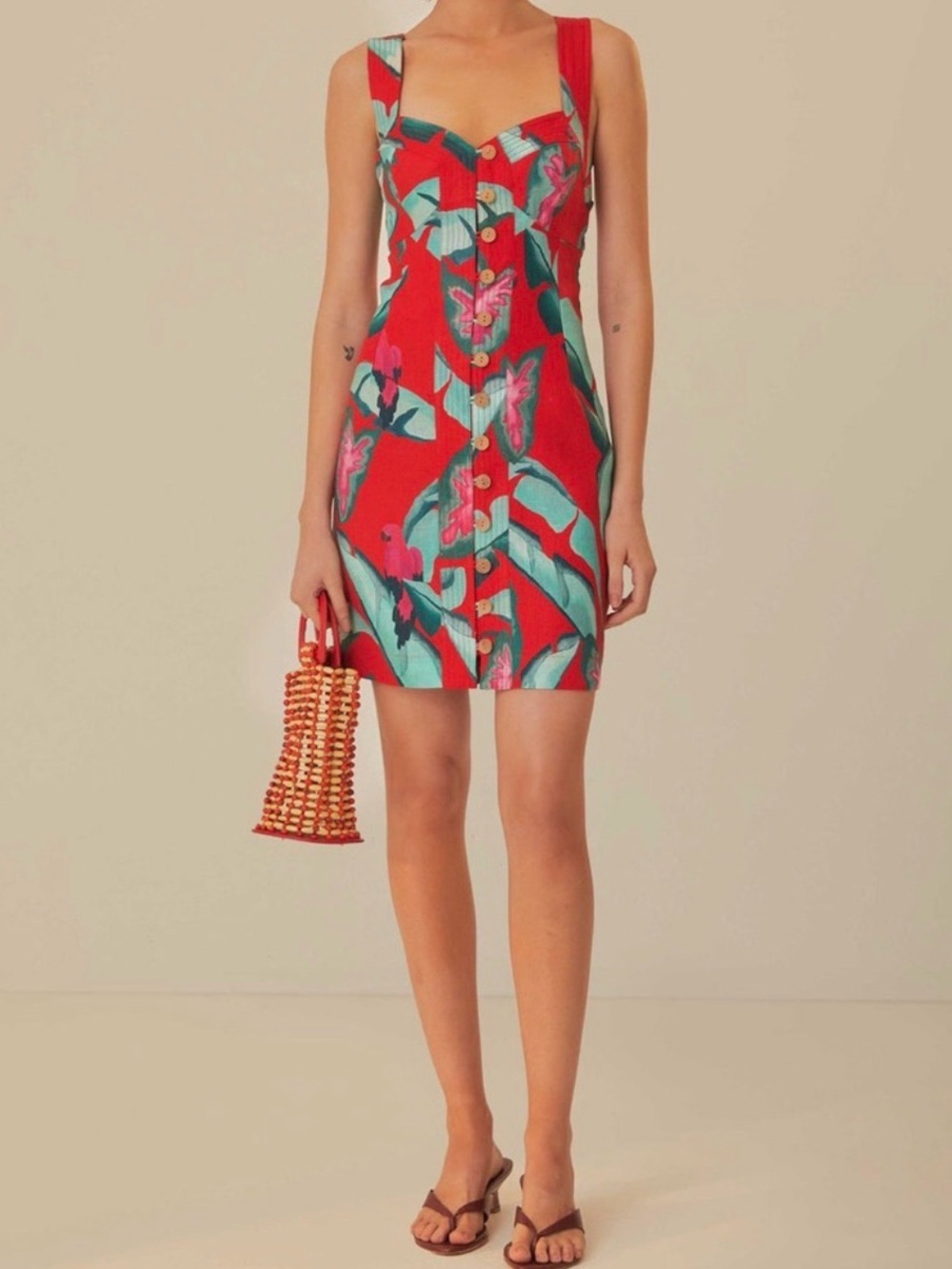 NWT Farm Rio Red Summer Foliage Linen Mini Dress Medium - Picture 2 of 13
